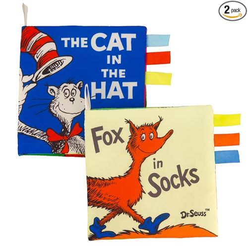 Infantino Dr. Seuss Soft Activity Books, The Cat in The Hat & Fox in Socks, Baby Cloth Books with Colorful Pages and Satin Tags, Sensory Toys for Infants & Toddlers 0+ Months, 2-Pack