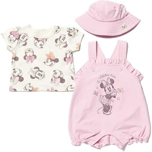 Disney Junior Baby Girls French Terry Short Overalls, T-Shirt & Hat 3 Piece Outfit Newborn to Infant Sizes (0-24 Months)