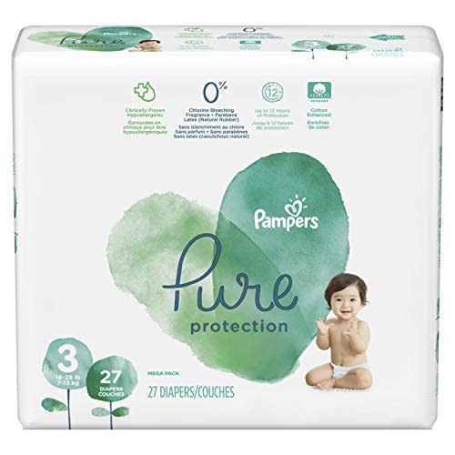 Diapers Size 3, 27 Count - Pampers Pure Protection Disposable Baby Diapers, Hypoallergenic and Unscented Protection, Mega Pack (Old Version)