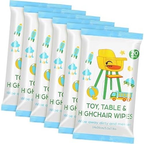 6 Pack 120 Counts Toy Table and Highchair Wet Wipes Multipurpose Gentle Travel Size Toy Cleaner Resealable All Purpose Cleaning Tissue