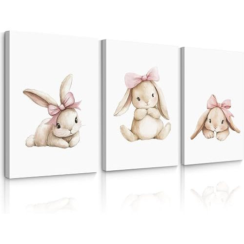 Lhoiplme Nursery Bunny Wall Art Decor Baby Girl Room Prints Bunny Canvas Wall Art Decor Pink Baby Girl Nursery Painting Woodland Rabbit Spring Artwork Poster for Bedroom 16x24x3 Inch Wrapped Canvas