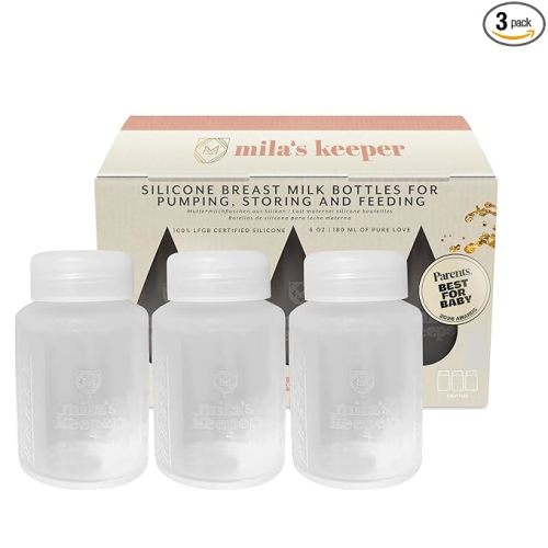 Mila's Keeper Silicone Breast Milk Storage Bottles, for Pumping, Storing and Feeding, Fits Leading Pumps and Nipples, 6 oz Silicone Milk Storage Containers, Standard Aspen White, Set of 3