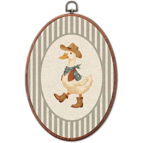 Vintage Cowboy Duck Nursery Oval Wall Art Framed, Grey Striped Wild Animal Framed Canvas Prints, Unique Western Farm Print Hanging Wall Decor for Kids Toddler Room Bedroom Playroom, 8.6x11.4 Inch