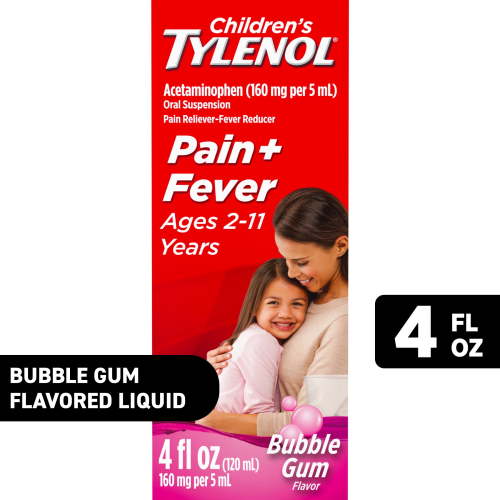 Tylenol Kids' Fever Reducer + Pain Relief, Acetaminophen Oral Suspension Liquid, Bubble Gum Flavor, 4 fl. oz