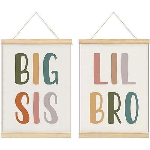 ULEGIE Big Sis Lil Bro Poster Framed With Wood Hanger, Big Sister Little Brother Canvas Hanging Banner Wall Sign, Decor for Nursery Baby Kids Bedroom Playroom 12x16 Inch