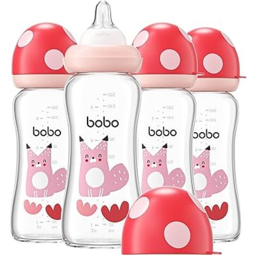 YOHKOH Natural Glass Baby Bottle with Level 2 Medium Flow Nipple, Newborn Anti-Colic Baby Bottles, Wide Neck Mushroom Baby Glass Bottle (8.8ounce (Pack of 4), Red2)