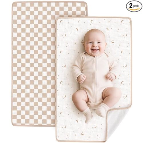 Konssy 2 Pack Waterproof Muslin Portable Changing Pad, Diaper Changing Mat | Soft & Foldable, Cotton Surface with Terry Backing & Waterproof Lining, for Newborn Girls & Boys, 30"x17" (Coffee Check,Moon)