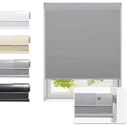 Tonature No Drill Cellular Shades for Indoor Windows, Thermal Insulating & Noise Reducing Honeycomb Blinds, Free Stop Cordless Blackout Shades, Grey, 22" W x 64" H