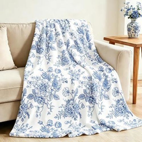 JarThenaAMCS Floral Fuzzy Blanket Blue Flower Throw Blanket Decorative Soft Cozy Flannel Blankets for Home Bed Sofa Couch Chair, 60 x 70 Inch