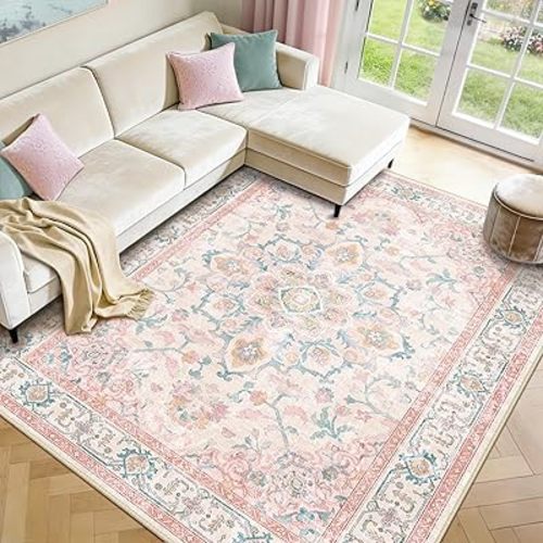 CAPALOCA Machine Washable Rugs Nursery Rug 8x10 Cute Girl Non Slip Low Pile Water Repellent Soft Print Pattern for Bedroom Indoor Decor Kids Playroom Pink Teal