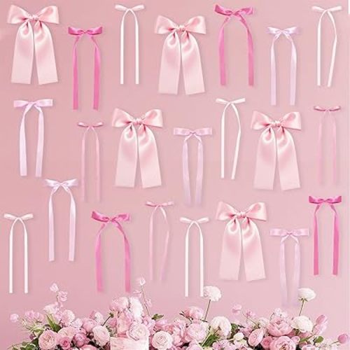 Pink Bow Wall Décor Backdrop Ribbon Bow Garland DIY Pink Bows Party Decorations for Baby Shower Women Girls Coquette Birthday Christmas Room Bedroom Decoration 50Pcs