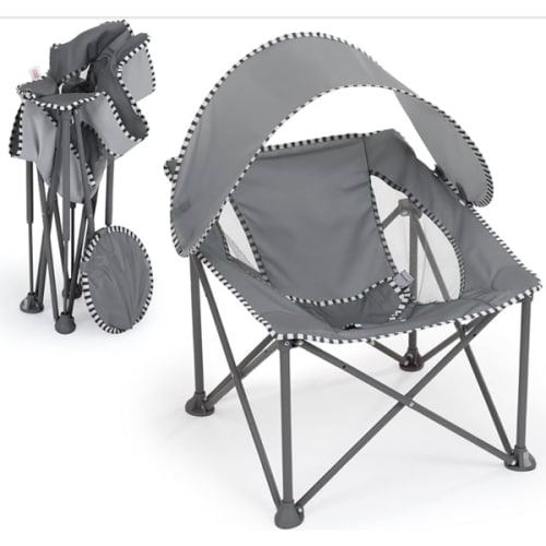 Bright Starts Pop 'N Chill Travel Seat, Indoor/Outdoor Use, Infant Seat with UPF 50+ Canopy, Grey, Ages 0-6 Months