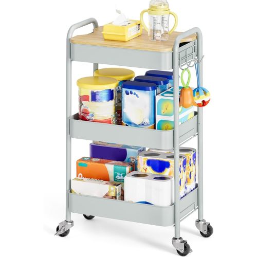 TOOLF 3-Tier Rolling Cart with Table Top, Metal Storage Cart on Wheels, Utility Organizer with Wooden Tray, Lockable Casters, Easy Assembly for Bathroom, Bedroom, Baby Room, Kitchen, Green