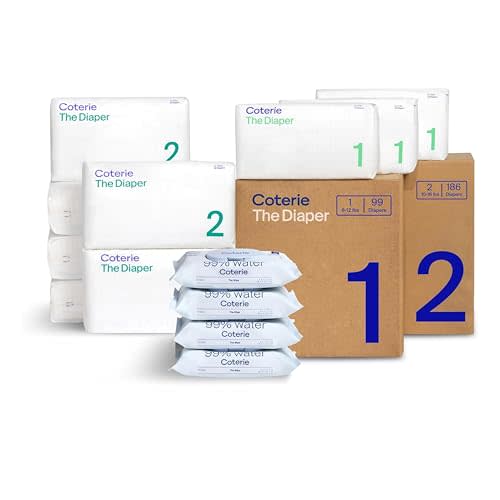 Coterie Baby Wipes + Diapers Kit, Size 1 (99 Count) & Size 2 Diapers (186 Count), 4 Pack (224) Baby Wipes with 99% Water, Plant Based Materials, Hypoallergenic for Sensitive Skin