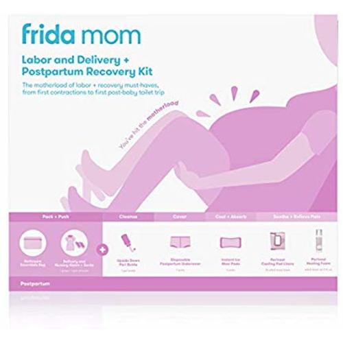 Frida Mom Hospital Packing Kit for Labor, Delivery, Postpartum | Nursing Gown, Socks, Peri Bottle, Disposable Underwear, Ice Maxi Pads, Pad Liners, Perineal Foam, Toiletry Bag (15 Piece Gift Set)