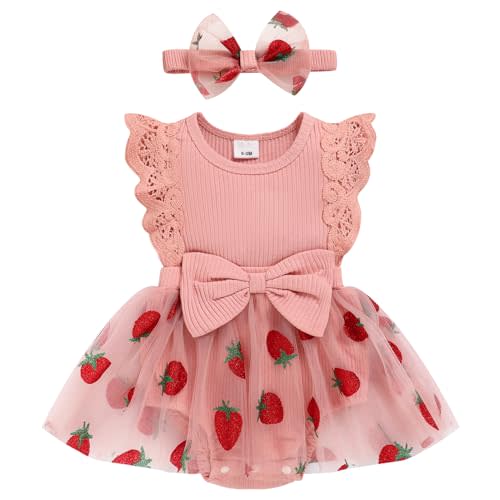 Baby Girl Romper Dress, Tulle Skirt Bodysuit Ruffle Sleeveless Summer Outfit with Headband for Infants 0-12M
