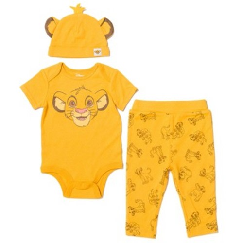 Disney Classics Winnie the Pooh Lion King Bambi Baby Bodysuit Pants and Hat 3 Piece Outfit Set Newborn to Infant, Color: Simba, Size: 6-9 months