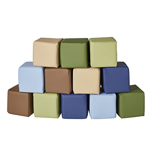 ECR4Kids SoftZone Patchwork Toddler Blocks, Foam Cubes, Earthtone, 12-Piece | Soft foam, polyurethane cover, GREENGUARD Gold & CertiPUR-US Certified foam, 6+ months, lightweight, daycare/preschool/home