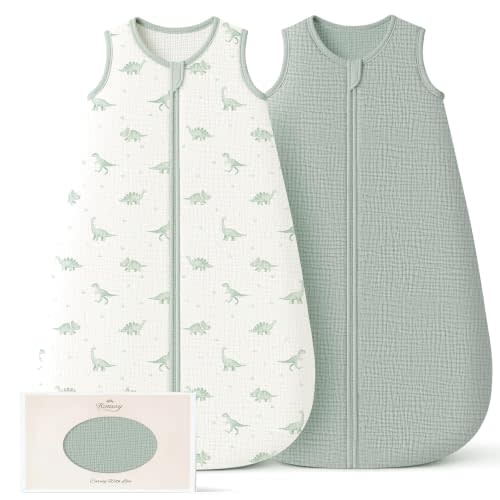 Konssy Muslin Baby Sleep Sack 0-6 Months, 0.8 TOG Baby Wearable Blanket | 2 Pack, 2-Way Zipper, 100% Cotton, Soft & Breathable Sleeping Sack, Infants & Toddlers Nursery Essentials (Green Dino,Green)