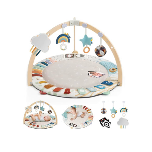 Blissful Diary Baby Play Gym & Activity Mat, 5 Developmental Zones Wooden Tummy Time Mat with 5 Detachable Sensory Toys for Motor Skills & Sensory Development, Baby Essentials Shower Gift