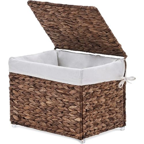 Toy Basket with Lid, Woven Wicker Shelf Basket with Removable Liner, Metal Frame Rattan Storage Trunk with Handle for Laundry, Bedroom, Living Room, Office