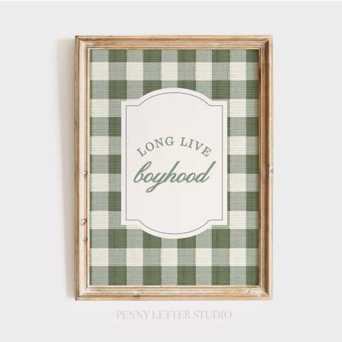Long Live Boyhood Nursery Print, Green Gingham Wall Art, Grandmillennial Boy Room Decor, Vintage Baby Shower Gift Idea