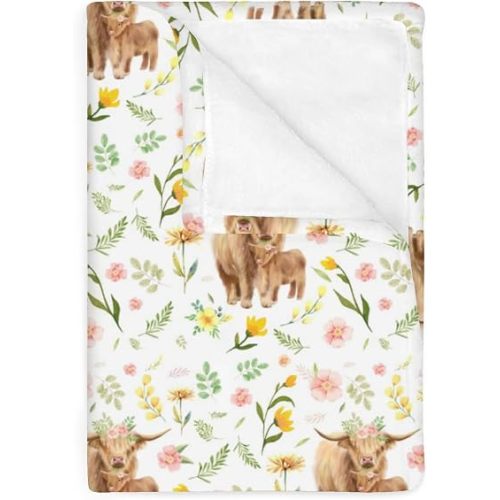 Highland Cows Boho Floral Baby Blankets for Boy Girl Yak Cattle Retro Flowers Leaves Soft Flannel Nursery Bed Blankets for Infant Toddler Crib Farm Animal Swaddle Receiving Blanket Playmat 40x50inch