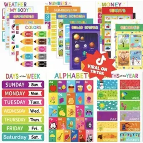 16 Educational Posters for kids 1-3 Laminated Learning ABC Chart Numbers Colors Shapes Days of The Week Preschool Kindergarten Classroom Decor Colorful - TikTok Shop