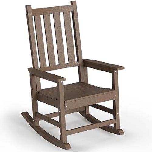 Outdoor Rocking Chair, HDPE Rocking Chairs with High Backs, Weather & Fade Resistant Porch Rockers for Patio, Deck & Porch - Brown
