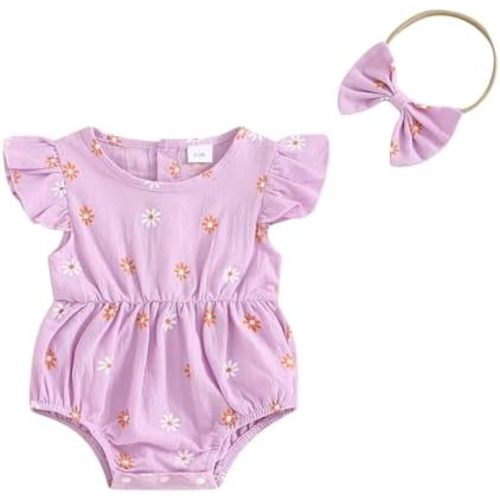 Newborn Baby Girls Daisy Printed Clothes Pleated Ruffled Sleeve Romper Cute Summer Outfit with Headband