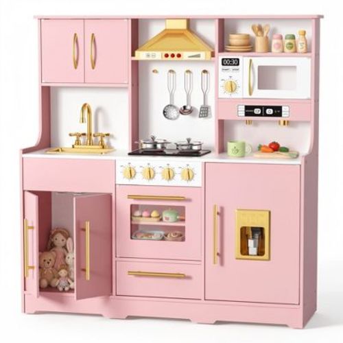 Kinder King Wooden Kids Play Kitchen, Toy Kitchen Playset for Toddlers, Realistic Kitchen Set with Sounds, Gift for Boys and Girls Age 3+, Pink