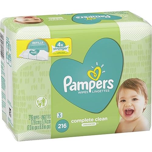 Baby Wipes, Pampers Baby Diaper Wipes, Complete Clean Unscented, 3 Refill Packs for Dispenser Tub, 216 Total Wipes