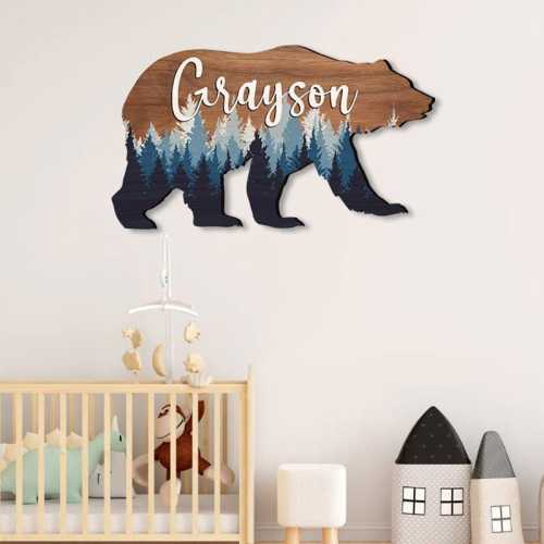 Personalized Bear Nursery Name Sign – Custom Wooden Kids Room Wall Decor – Woodland Baby Name Plaque – Rustic Nursery Gift Idea