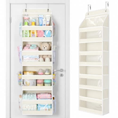 Yecaye 5 Tier Over the Door Organizer, Swing-proof Door Organizer Hanging with Clear PVC Windows, Behind the Door Storage for Bedroom Nursery Closet Laundry Pantry Bathroom, Cream White