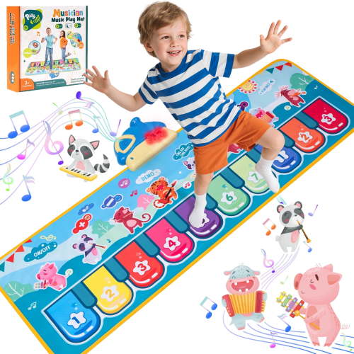 Piano Mat for Toddlers, 39.5in Musical Keyboard Floor Playmat, 10 Pianp Keys, 8 Instrument Sounds, Montessori Toys Gifts for 1-3 Year Boy Girl for Birthday Christma