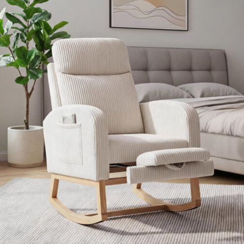 Ebern Designs Upholstered Nursery Rocking Chair with Footrest & Side Pocket | Wayfair