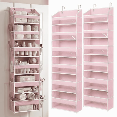 Homelux Theory 2 Pack Over the Door Organizer, 6 Large Front and 12 Mesh Side Pockets, 50 lb Capacity Hanging Storage for Closet, Bathroom (Baby Pink)