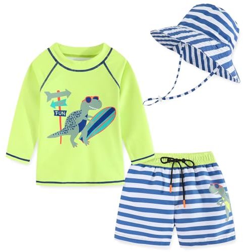 Toddlers and Baby Boys' 3-Piece Rashguard Sets Swimsuits Sets with Hat Surfing Swimwear Sunsuit UPF 50+