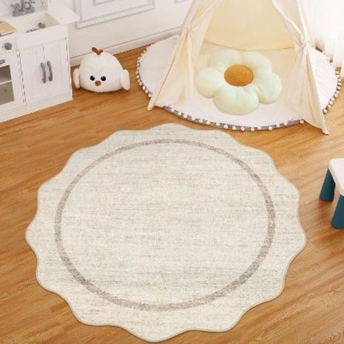 Washable Scalloped Rugs 5ft Round Rug 5x5 Non-Slip Soft Low Pile Small Modern Solid Beige Circle Rugs for Bedroom Sofa Beige