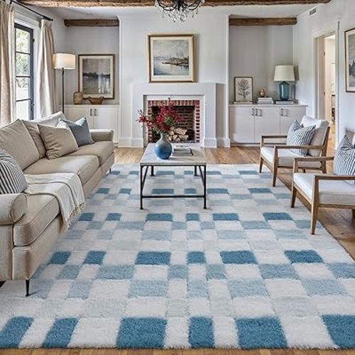8x10 Blue Area Rug Fluffy Shag Checkered Living Room Throw Carpet Washable Non-Slip Soft Pile Fuzzy Large Rug for Bedroom Dorm Bathroom Dining Room Home Aesthetic Decor