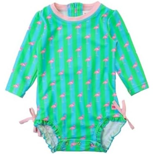 RuffleButts Baby Girls UPF 50+ Sun Protection Floral Printed Long Sleeve One Piece Rash Guard Swimsuit with Zipper