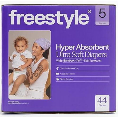 Freestyle BambooTek Diaper – (Size 5) Hyper Absorbent & Non-Toxic – Disposable Diaper for Sensitive Skin – Ultra Soft Diaper's (25+ lbs) – 44 Count