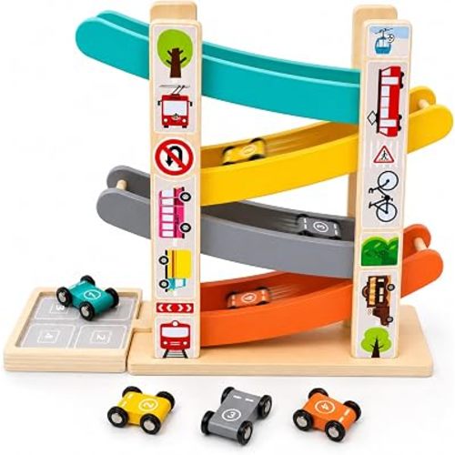 Montessori Toys for 1 Year Old Boy, Wooden Car Ramp Toy with 4 Cars & Parking Area, Race Track Ramp Racer for Toddlers 1-3, Educational Toddler Car Toys, Birthday Gifts for Boys Girls 12+ Months