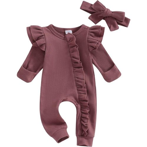 MoZiKQin Newborn Baby Girl Ruffle Romper Knit Sweater Onesie Jumpsuit Long Sleeve Zipper Romper Solid Fall Winter Outfits