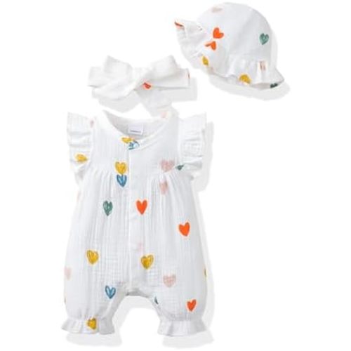 Renotemy Baby Girl Clothes Outfits Infant Summer Romper Cotton Linen Preemie Newborn Essentials Photography with Hat&Headband