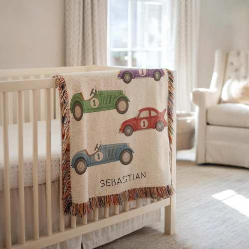Personalized Big Vintage Race Car Baby Blanket, Custom Name Rainbow Racing Throw, Colorful Nursery Decor or Baby Boy Gift Racing Car Blanket