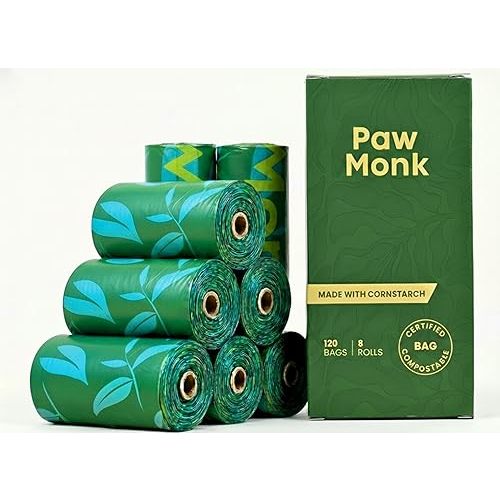 Paw Monk Certified Home Compostable Dog Poop Bags Rolls Refill-120 Bags, Extra Thick 20 Micron, Leakproof & Easy Open doggy poop bags, Unscented