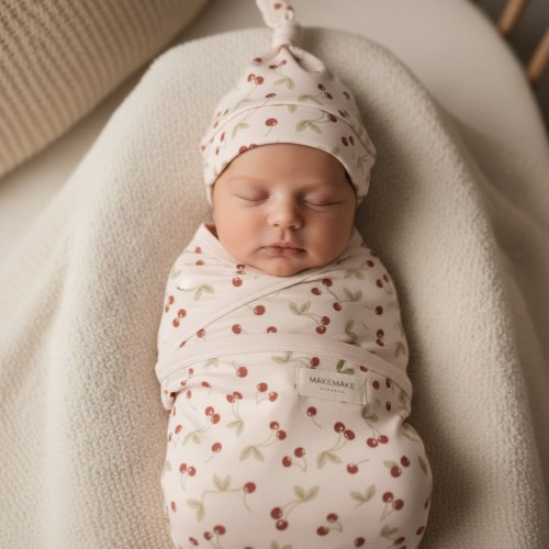 Organic Swaddle Blanket & Hat Set  - Cherry