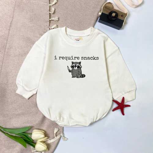 I Require Snacks Baby Romper Funny Raccoon Bubble Romper Trash Panda Baby Outfit Newborn Gift Baby Shower Gift Trendy Baby Gear