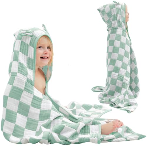 Muslin Toddler Bath Towels Organic Cotton Blend (Green Check,55x28) | 55x28 Inches, Ultra Soft Jacquard, 6-Layer, Snap Buttons Bath Poncho, Baby Beach Towel Premium Shower, Curated Gift Box